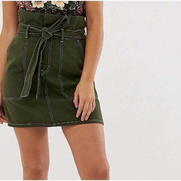 Free People Splendor Grass Mini Skirt Paperbag Waist Army Green Utility Cargo 4 - Picture 1 of 12